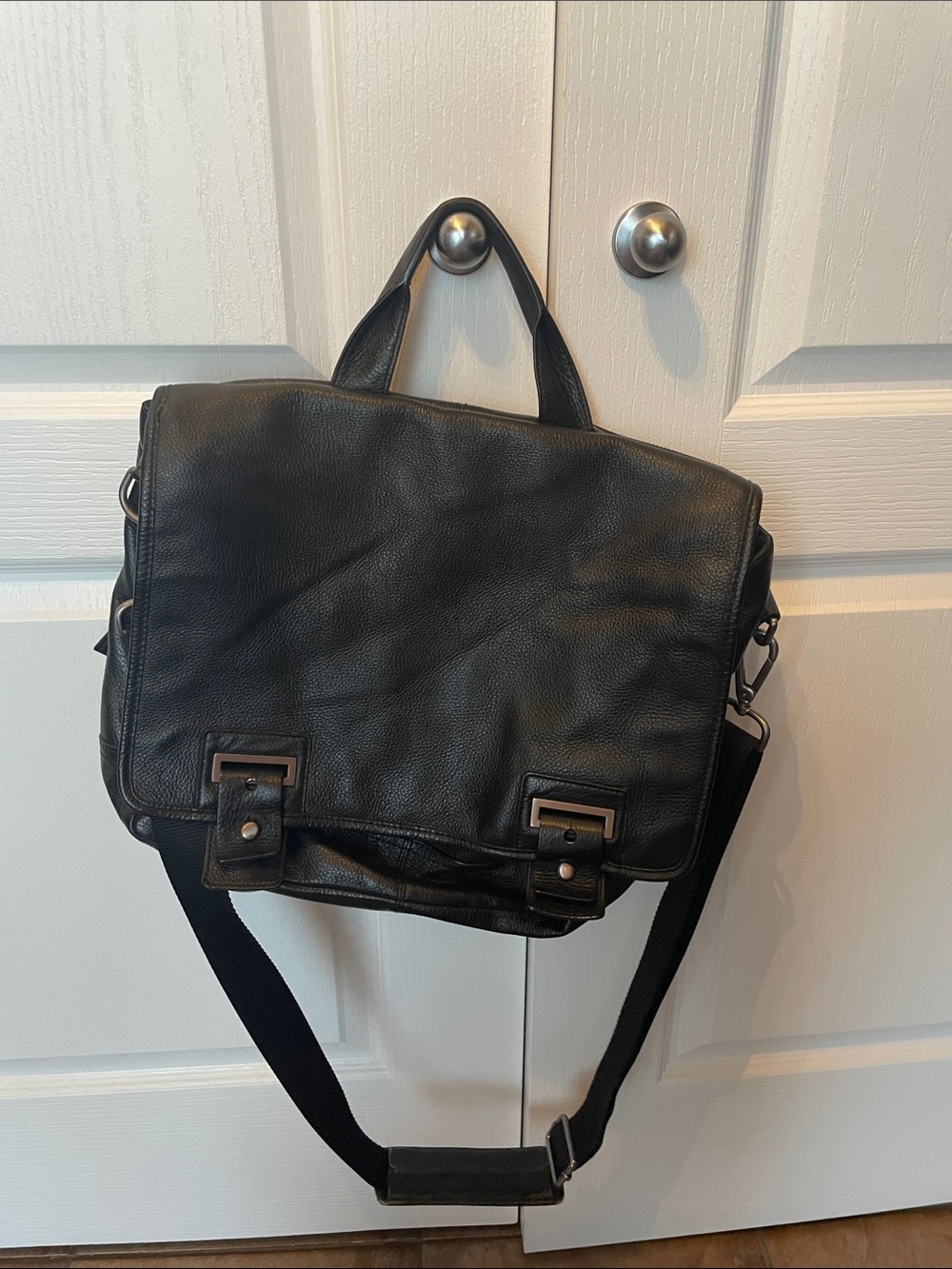 Banana Republic Black Leather Messenger Bag with Adjustable Strap